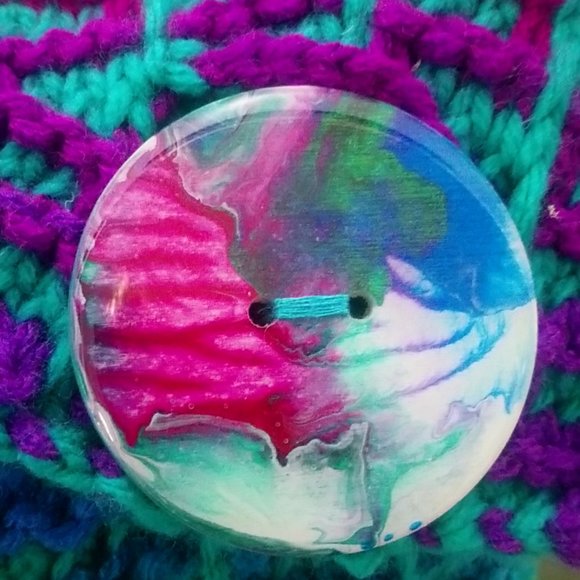 Hand Crafted Knit Throw Pillow Cerulean Blue Magenta Turquoise Green Painte… - Picture 4 of 6